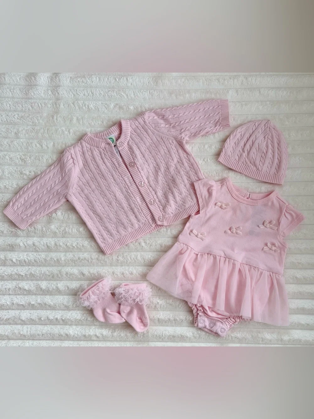 Little Me Pink Knit Cardigan, First Impression Tulle Dress, Hat & Lace Socks Set